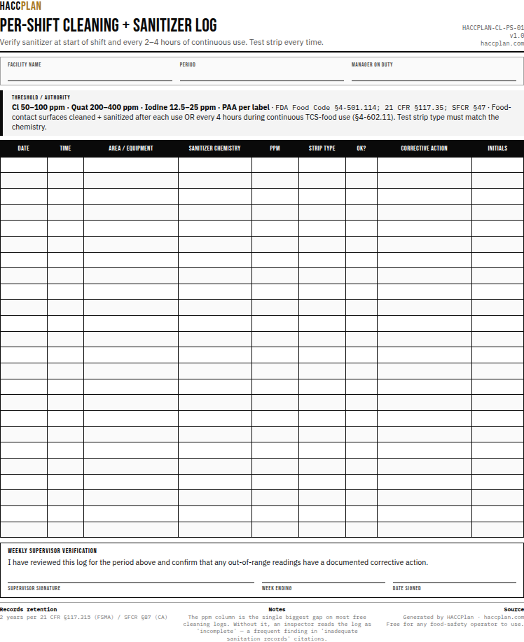 Thumbnail preview of Per-shift cleaning + sanitizer log