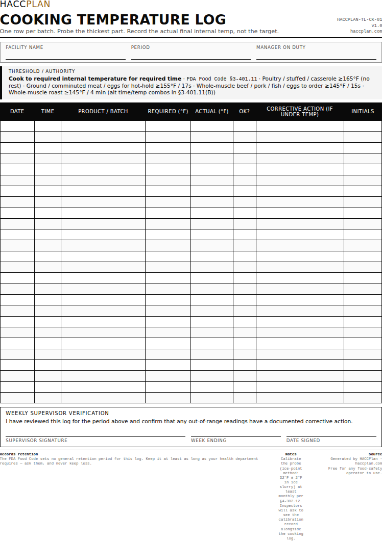 A blank cooking temperature log with columns for the item, required temperature, actual reading, corrective action and initials