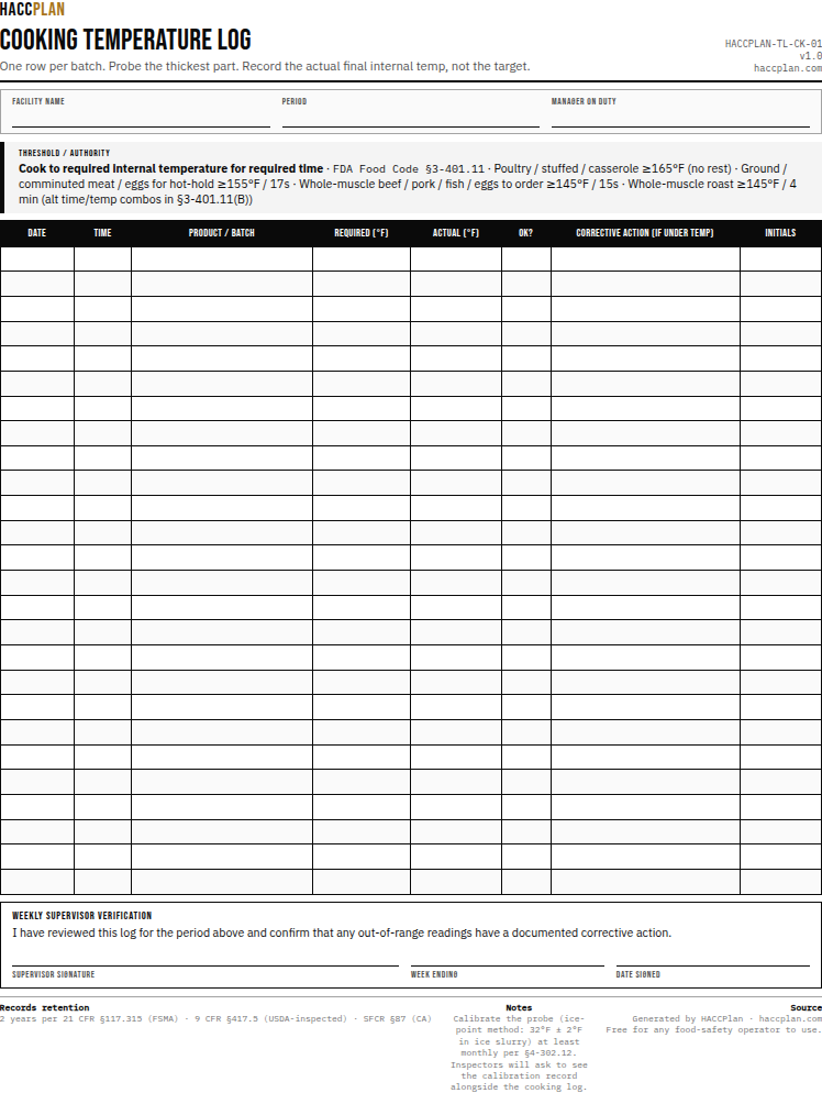 Thumbnail preview of Cooking temperature log
