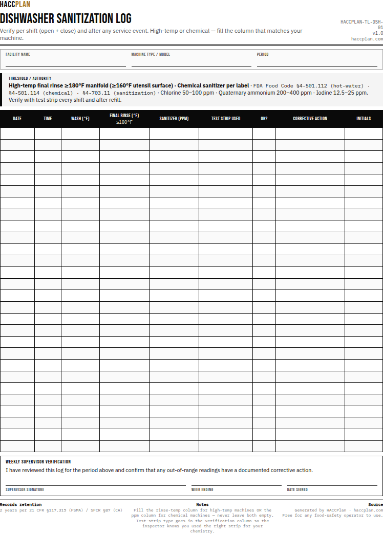 Thumbnail preview of Dishwasher sanitization log