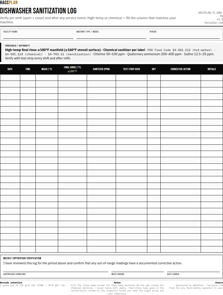 Thumbnail preview of Dishwasher sanitization log