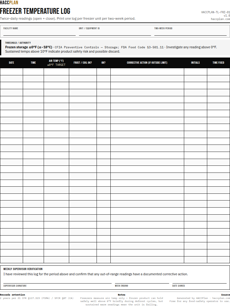 Thumbnail preview of Freezer temperature log