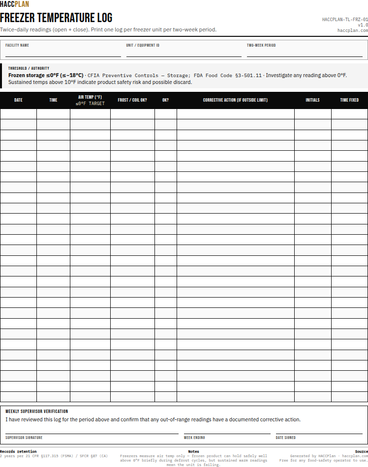 Thumbnail preview of Freezer temperature log
