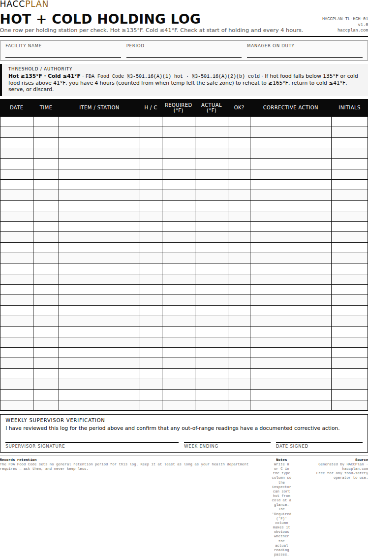 A blank hot and cold holding log with columns for the item, time, temperature, corrective action and initials