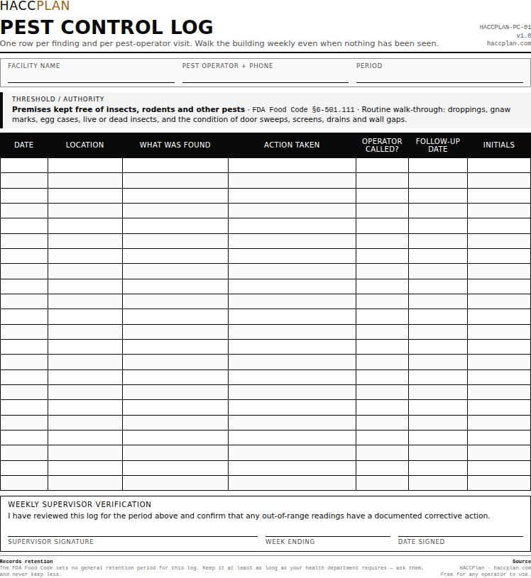 A blank pest control log with columns for date, location, what was found, action taken, whether the operator was called and a follow-up date