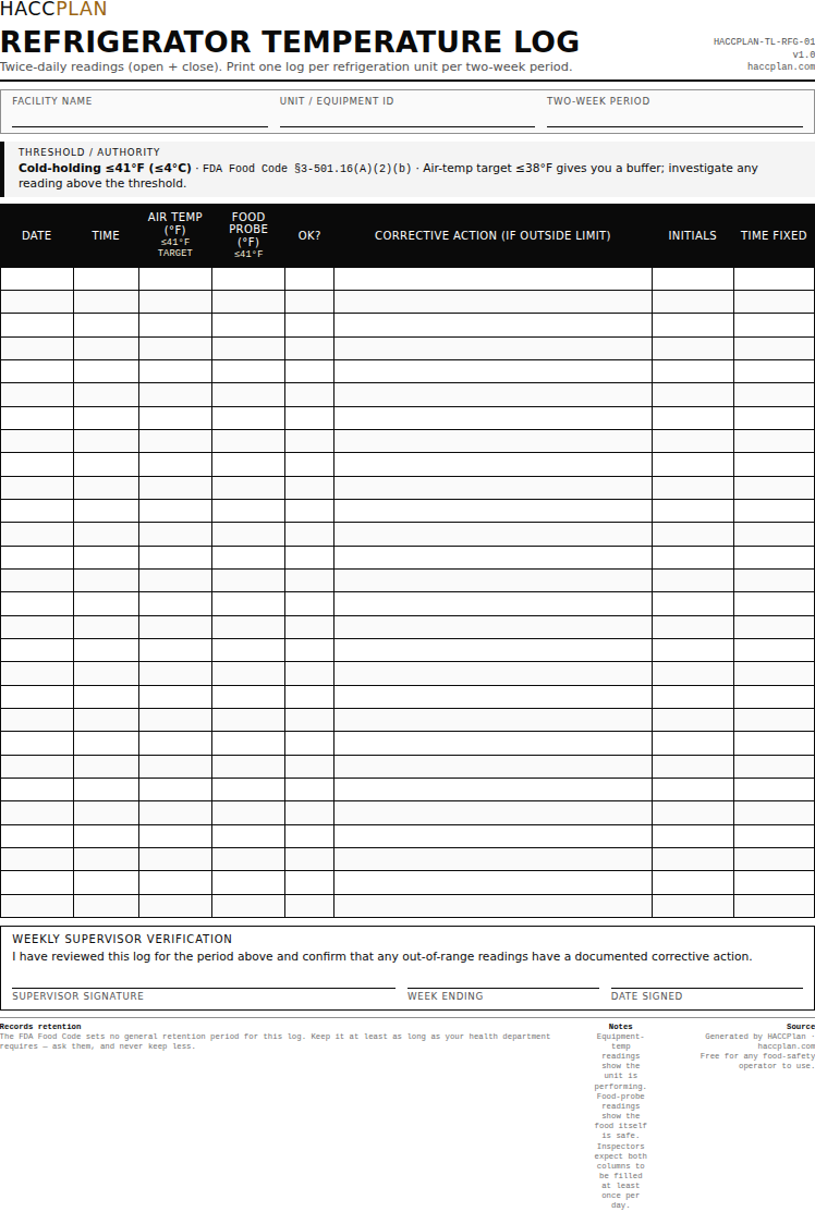 A blank refrigerator temperature log with columns for date, time, air temperature, food probe temperature, corrective action and initials