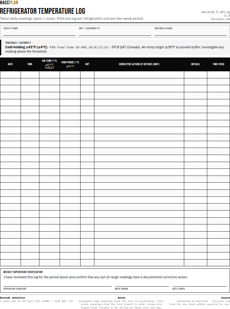 Thumbnail preview of Refrigerator temperature log