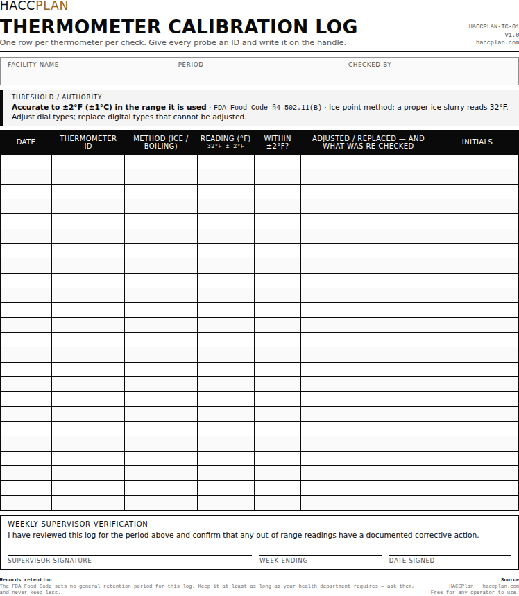 A blank thermometer calibration log with columns for date, thermometer ID, method, reading, whether it was within tolerance and what was done