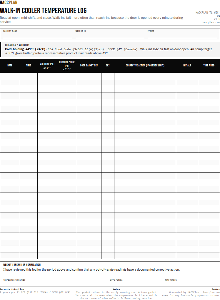 Thumbnail preview of Walk-in cooler temperature log