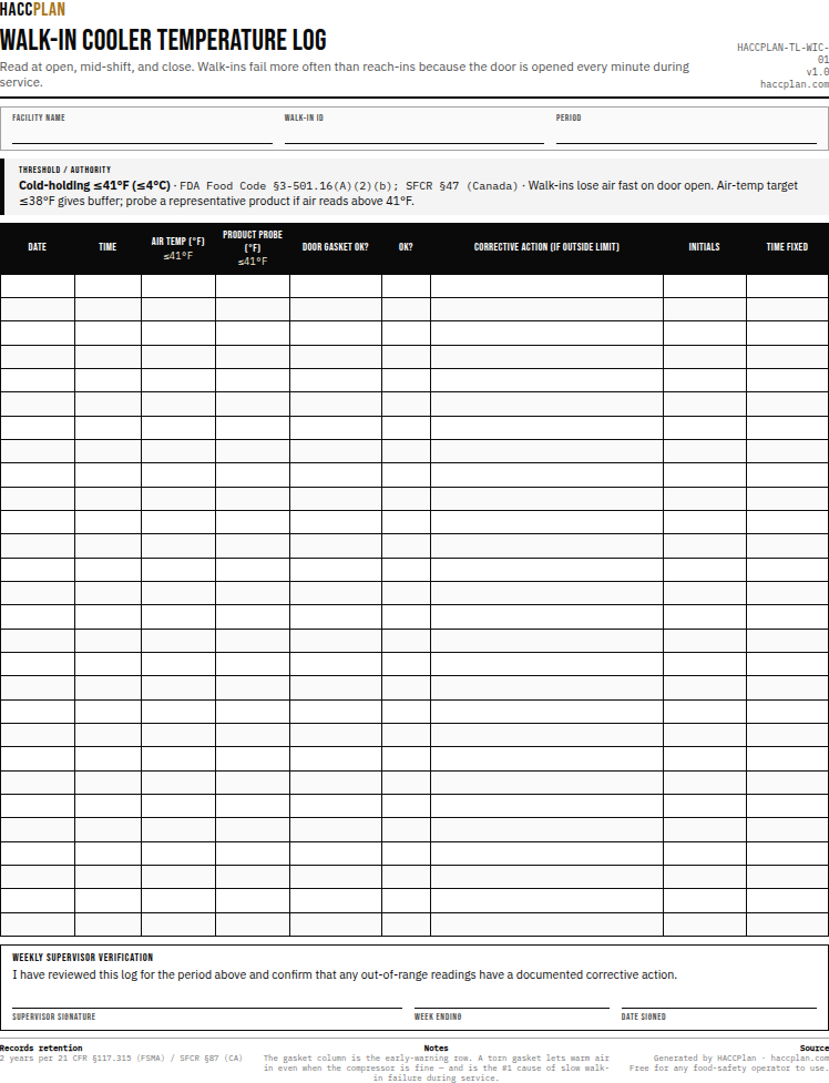 Thumbnail preview of Walk-in cooler temperature log